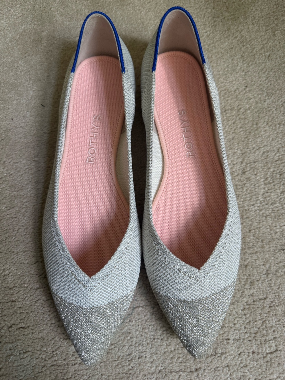 Rothy's Diamond Metallic Light Gray Sparkle Knit Pointed Flats with Pink Insole